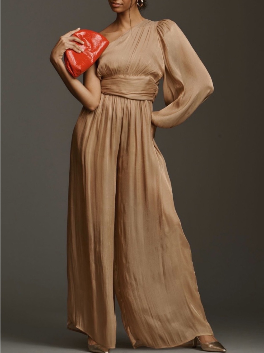 NWT Anthropologie One-Shoulder Wide-Leg Jumpsuit in Camel with Puff Sleeve